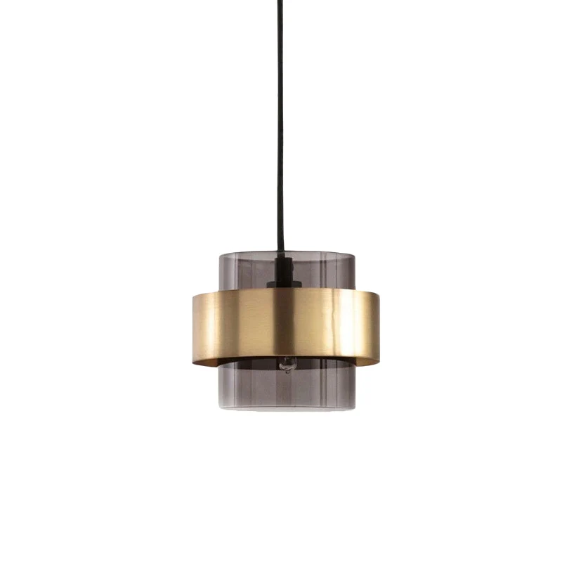 Rookgrijze glazen zuilhanglamp, hangende plafondlamp uit het midden van de eeuw, met één lamp en gouden ringbeschermer bov...