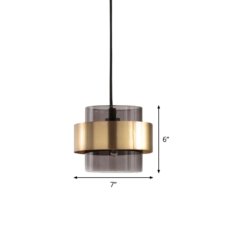 Rookgrijze glazen zuilhanglamp, hangende plafondlamp uit het midden van de eeuw, met één lamp en gouden ringbeschermer bov...