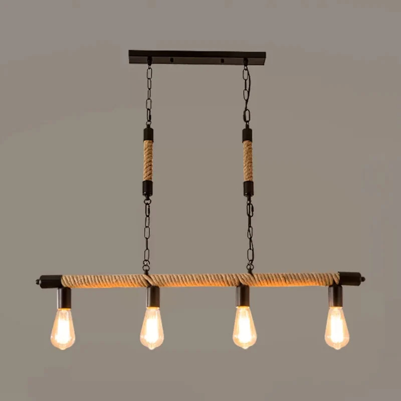 Rope Beige eilandlamp, industriële lineaire 4-lichts plafondhanger industriële stijl met kale lampontwerp Clearhalo