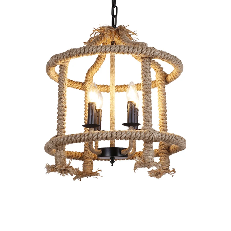 Roped Cage Shade hanglamp Lodge Stijlvolle 4-lichts hangende restaurantlamp bruin Clearhalo