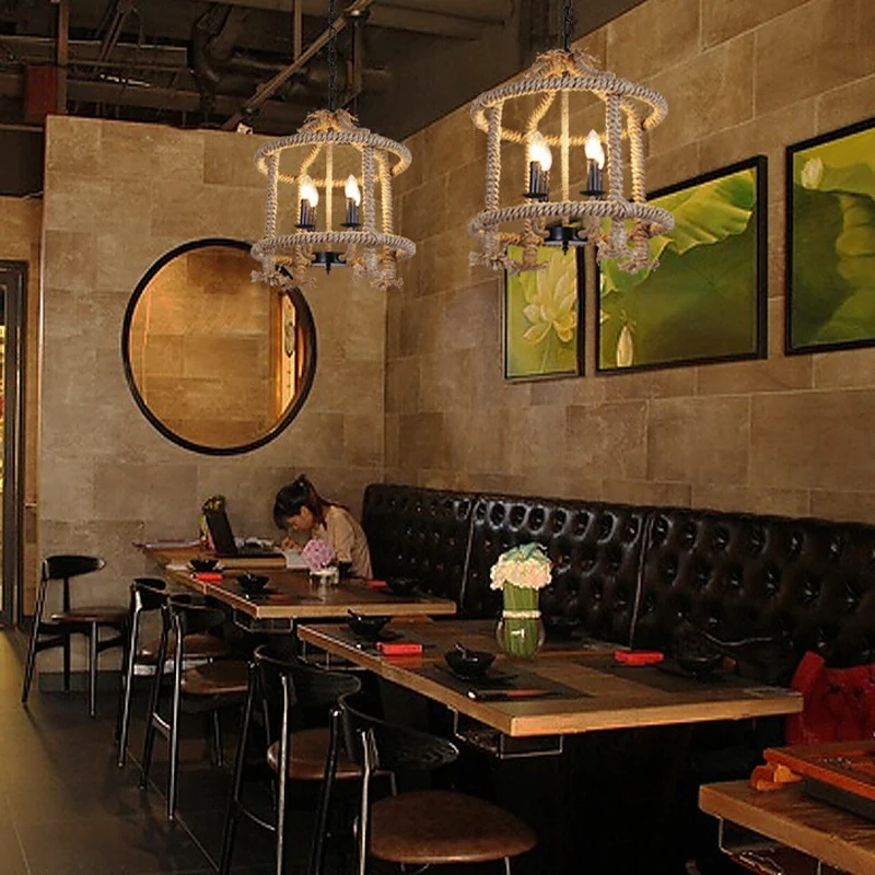 Roped Cage Shade hanglamp Lodge Stijlvolle 4-lichts hangende restaurantlamp bruin Clearhalo