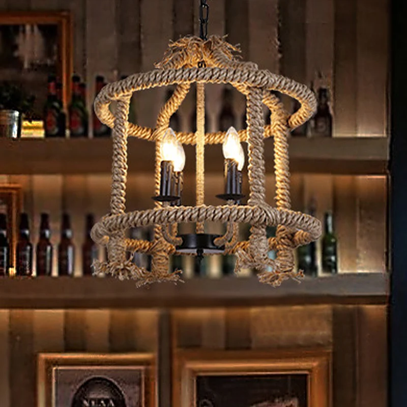 Roped Cage Shade hanglamp Lodge Stijlvolle 4-lichts hangende restaurantlamp bruin Clearhalo