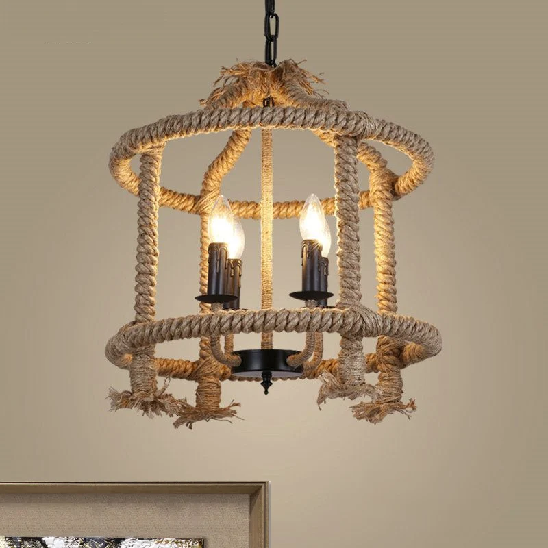 Roped Cage Shade hanglamp Lodge Stijlvolle 4-lichts hangende restaurantlamp bruin Clearhalo
