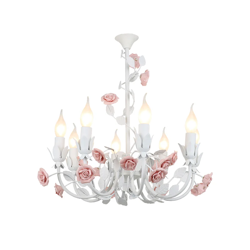 Rose Detailing Candelabra Metalen kroonluchter Koreaanse bloem 8-lichts woonkamer hanglamp roze Clearhalo