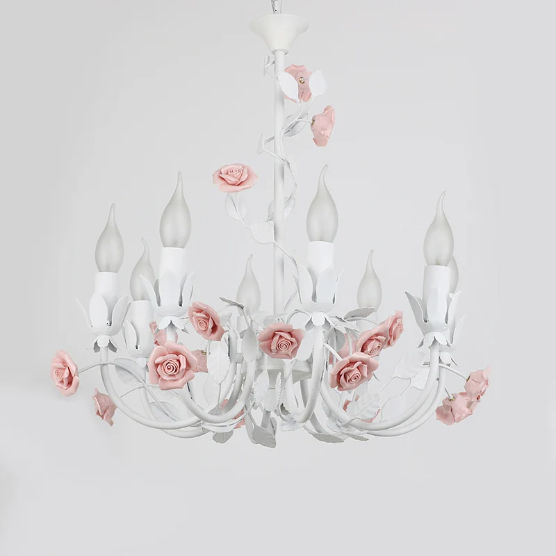 Rose Detailing Candelabra Metalen kroonluchter Koreaanse bloem 8-lichts woonkamer hanglamp roze Clearhalo