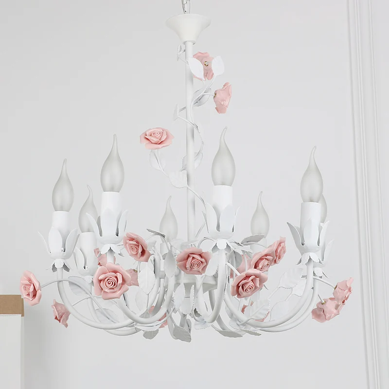 Rose Detailing Candelabra Metalen kroonluchter Koreaanse bloem 8-lichts woonkamer hanglamp roze Clearhalo