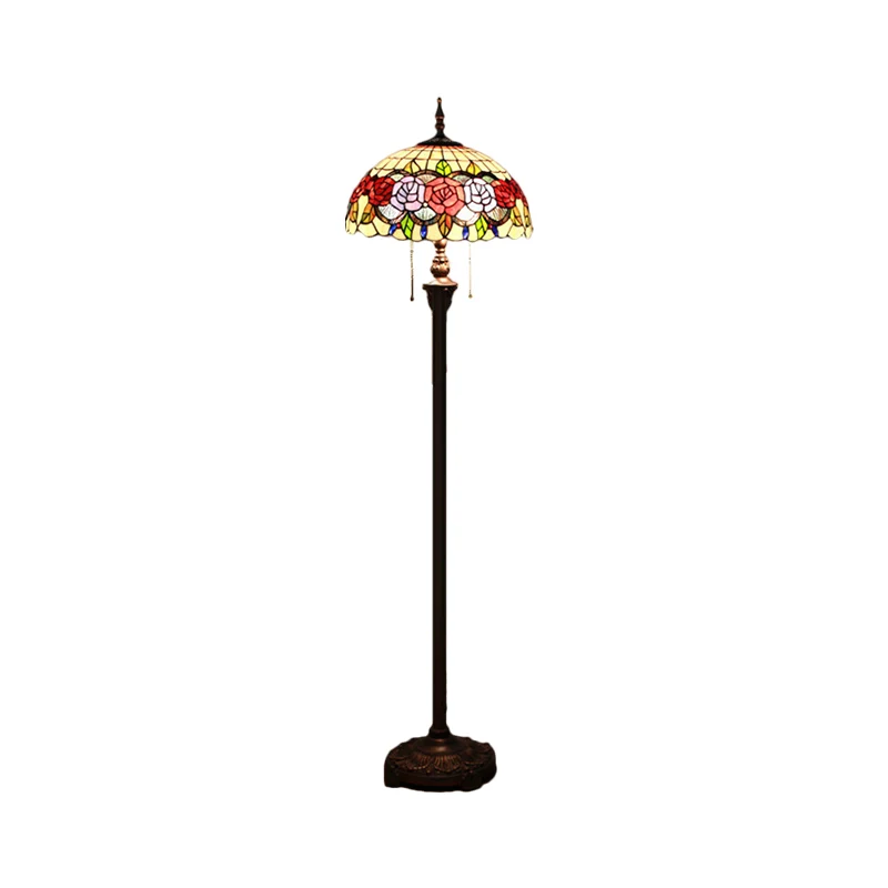 Rose staande lamp Victoriaans glas--lood 2 koppen groene leesvloerverlichting met koepelvormige kap Clearhalo