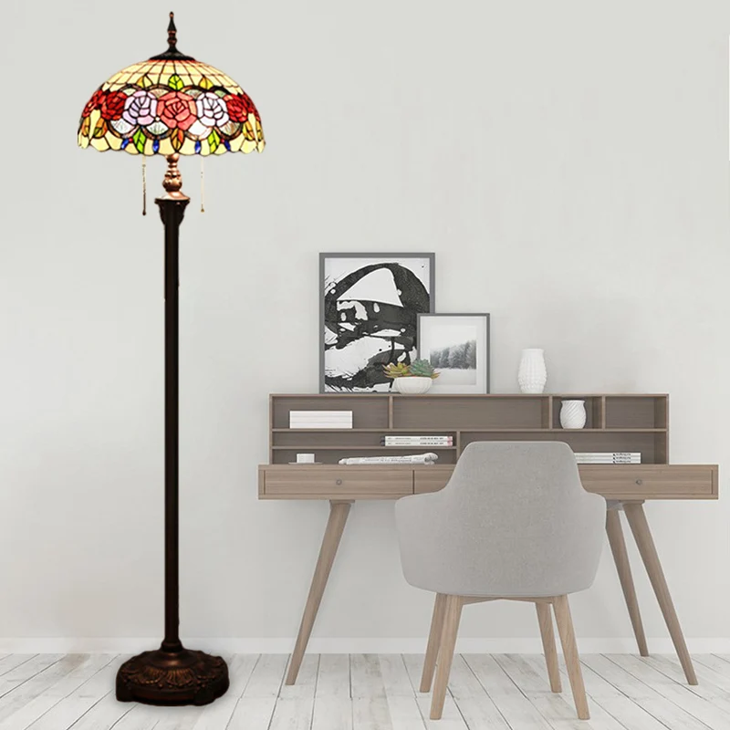 Rose staande lamp Victoriaans glas--lood 2 koppen groene leesvloerverlichting met koepelvormige kap Clearhalo