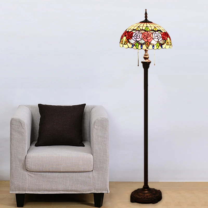 Rose staande lamp Victoriaans glas--lood 2 koppen groene leesvloerverlichting met koepelvormige kap Clearhalo