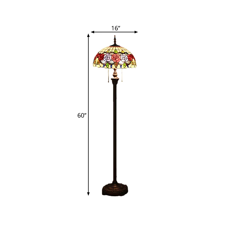 Rose staande lamp Victoriaans glas--lood 2 koppen groene leesvloerverlichting met koepelvormige kap Clearhalo