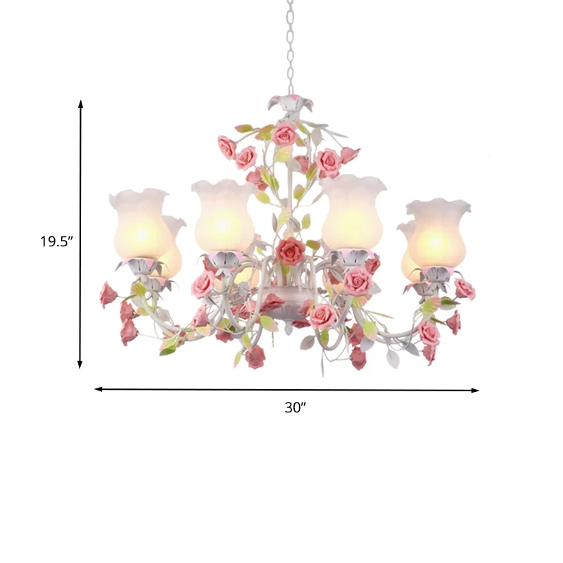 Rose Woonkamer Plafondkroonluchter Pastoraal Wit Glas 8 Hoofden Roze Hanglamp Clearhalo