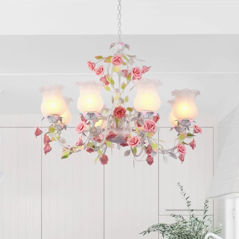 Rose Woonkamer Plafondkroonluchter Pastoraal Wit Glas 8 Hoofden Roze Hanglamp Clearhalo