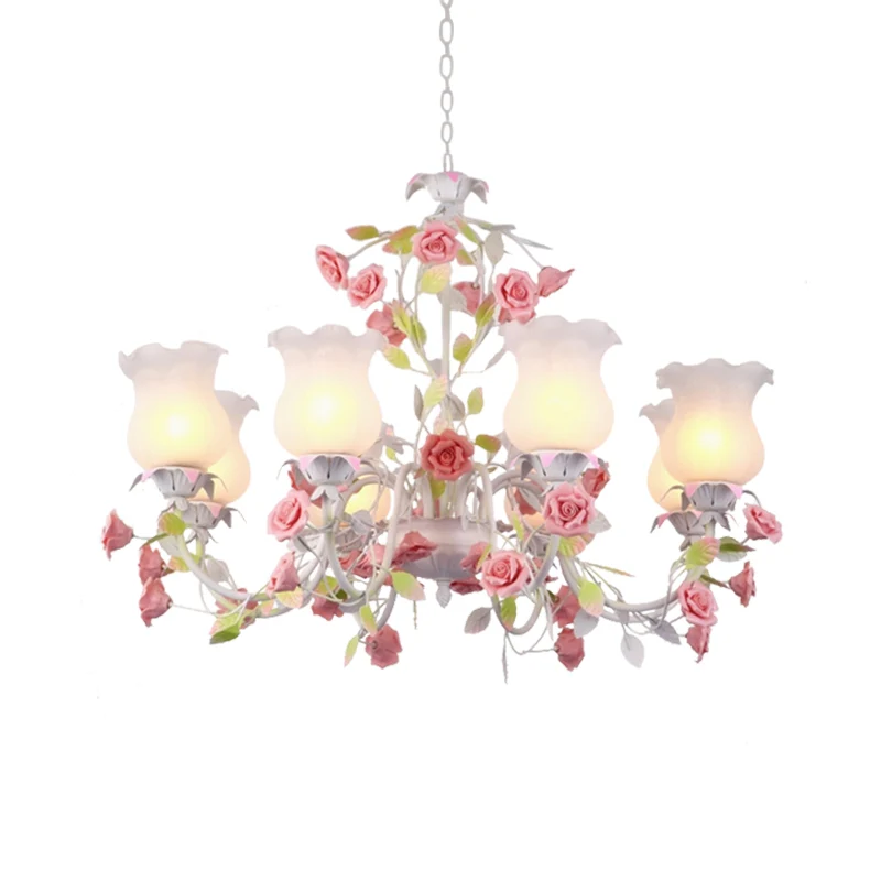 Rose Woonkamer Plafondkroonluchter Pastoraal Wit Glas 8 Hoofden Roze Hanglamp Clearhalo