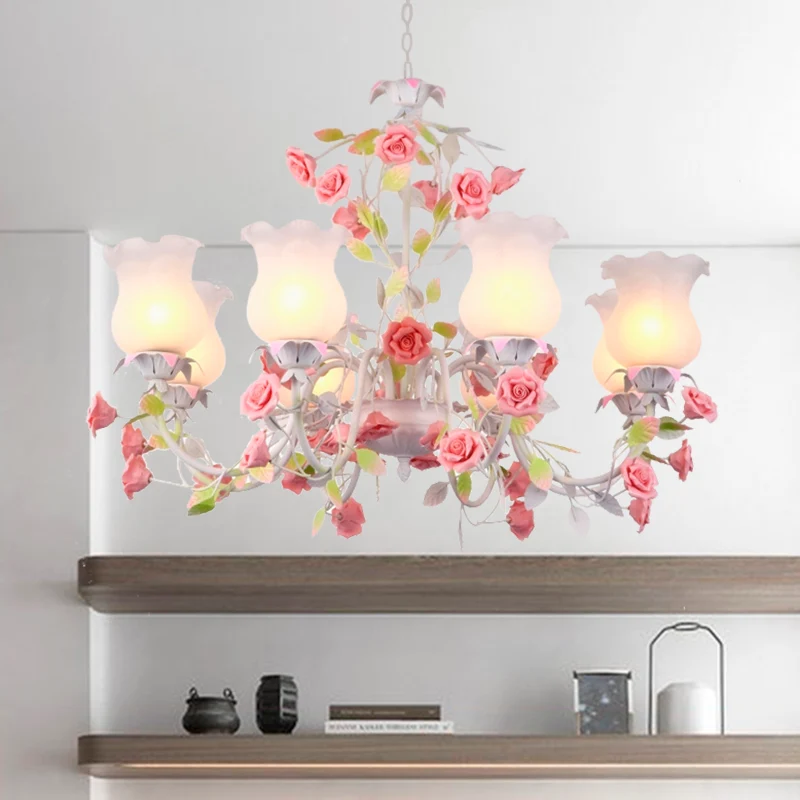 Rose Woonkamer Plafondkroonluchter Pastoraal Wit Glas 8 Hoofden Roze Hanglamp Clearhalo