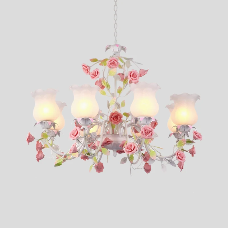 Rose Woonkamer Plafondkroonluchter Pastoraal Wit Glas 8 Hoofden Roze Hanglamp Clearhalo
