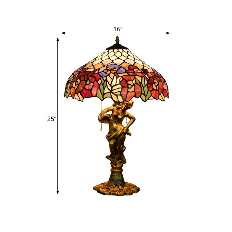 Roseborder puntige schaduw tafellamp 3 koppen Victoriaans nachtlampje van gebrandschilderd glas met bronzen sculptuur en t...