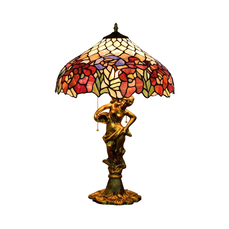 Roseborder puntige schaduw tafellamp 3 koppen Victoriaans nachtlampje van gebrandschilderd glas met bronzen sculptuur en t...