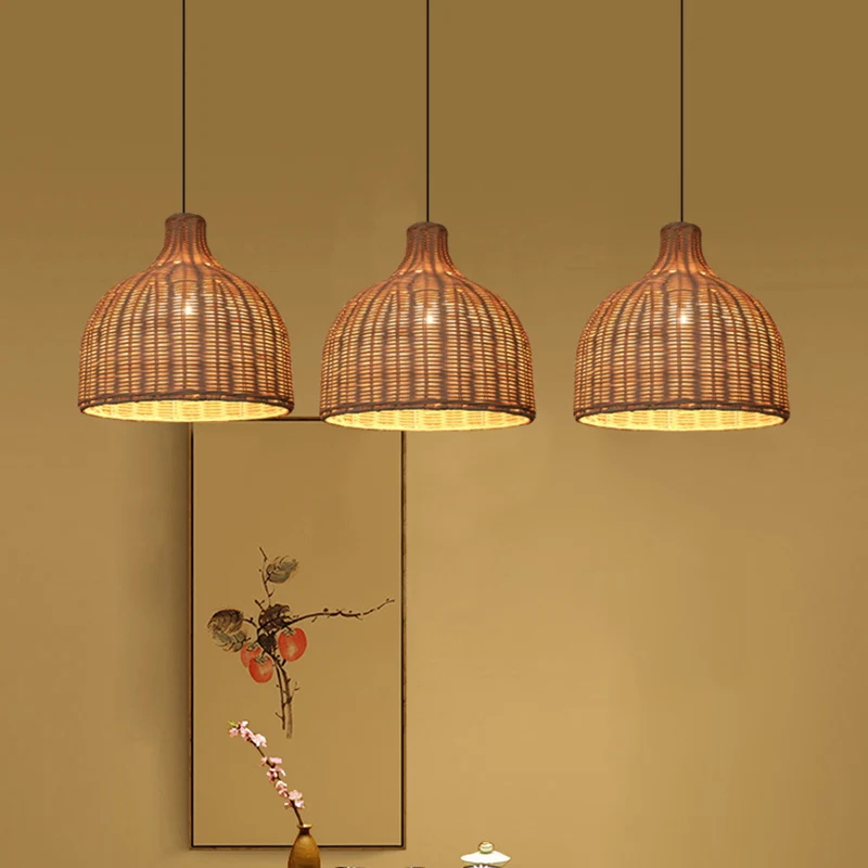 Rotan Bell Shaded hanglamp, eigentijds houten ophangverlichtingsarmatuur met één lamp Clearhalo