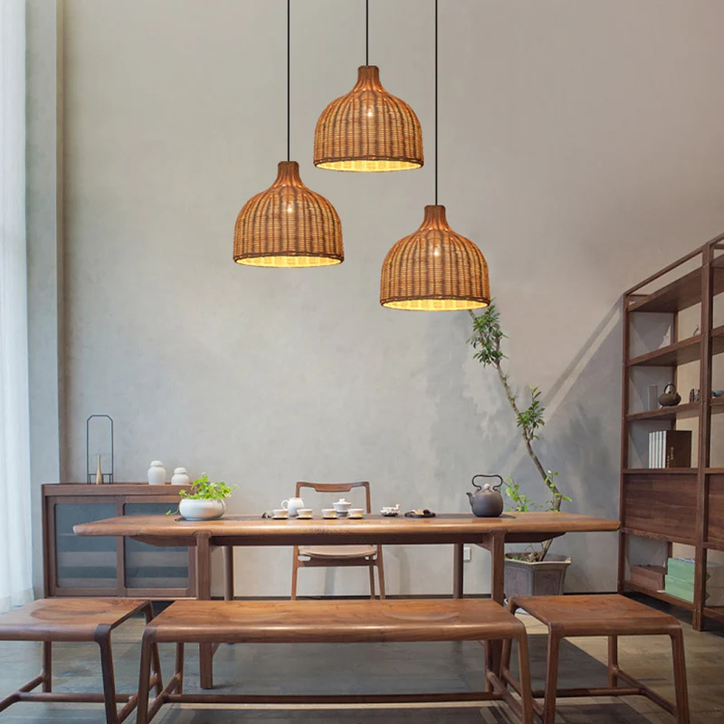 Rotan Bell Shaded hanglamp, eigentijds houten ophangverlichtingsarmatuur met één lamp Clearhalo