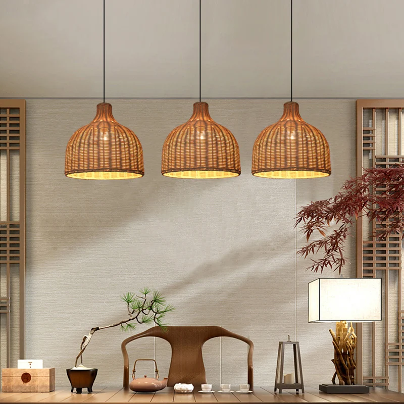 Rotan Bell Shaded hanglamp, eigentijds houten ophangverlichtingsarmatuur met één lamp Clearhalo