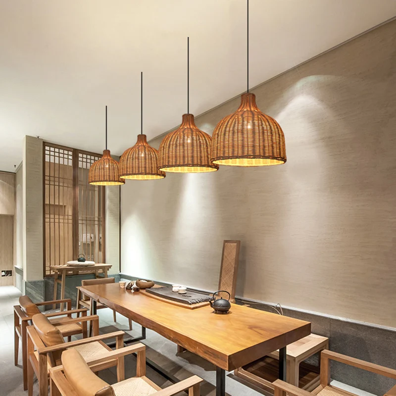 Rotan Bell Shaded hanglamp, eigentijds houten ophangverlichtingsarmatuur met één lamp Clearhalo