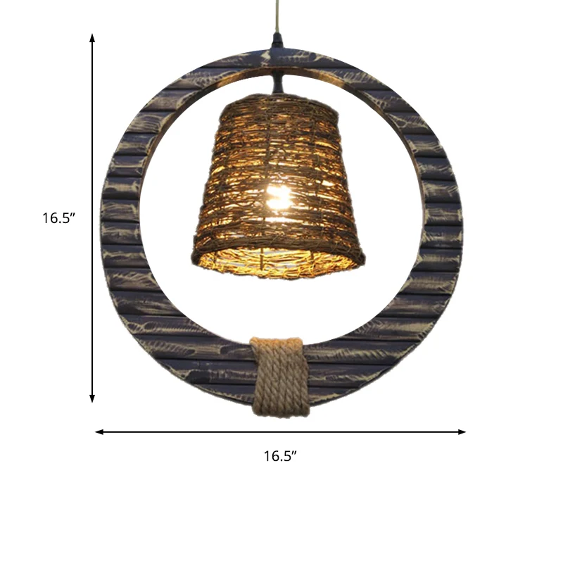 Rotan conische hanglamp moderne stijl bruine hanglamp met 1 kop en houten verticale ring Clearhalo
