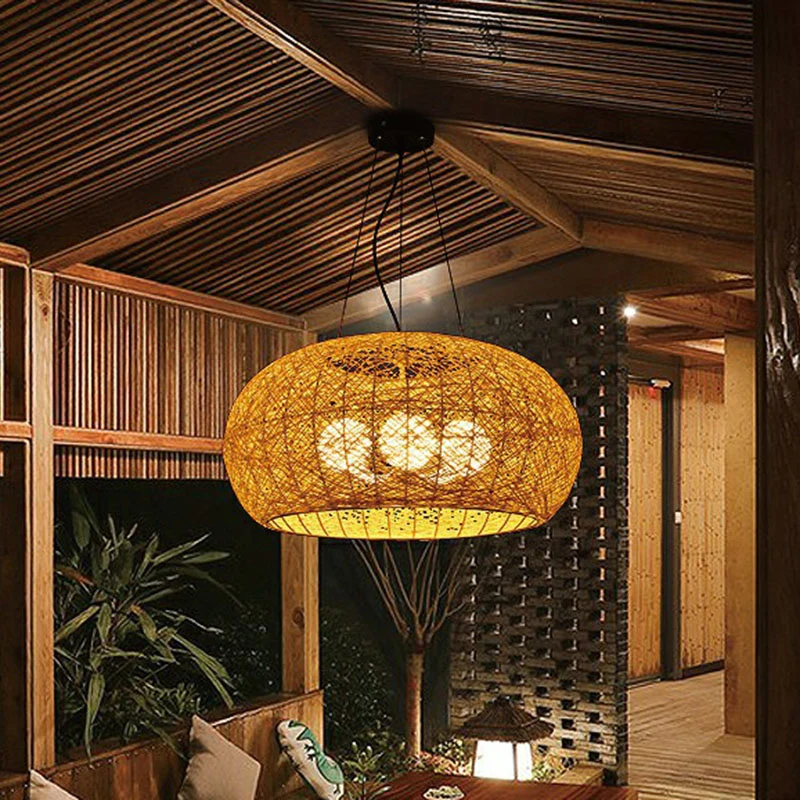 Rotan gebogen trommelplafondverlichting Zuidoost-Azië 3-kops kroonluchterlamp Clearhalo