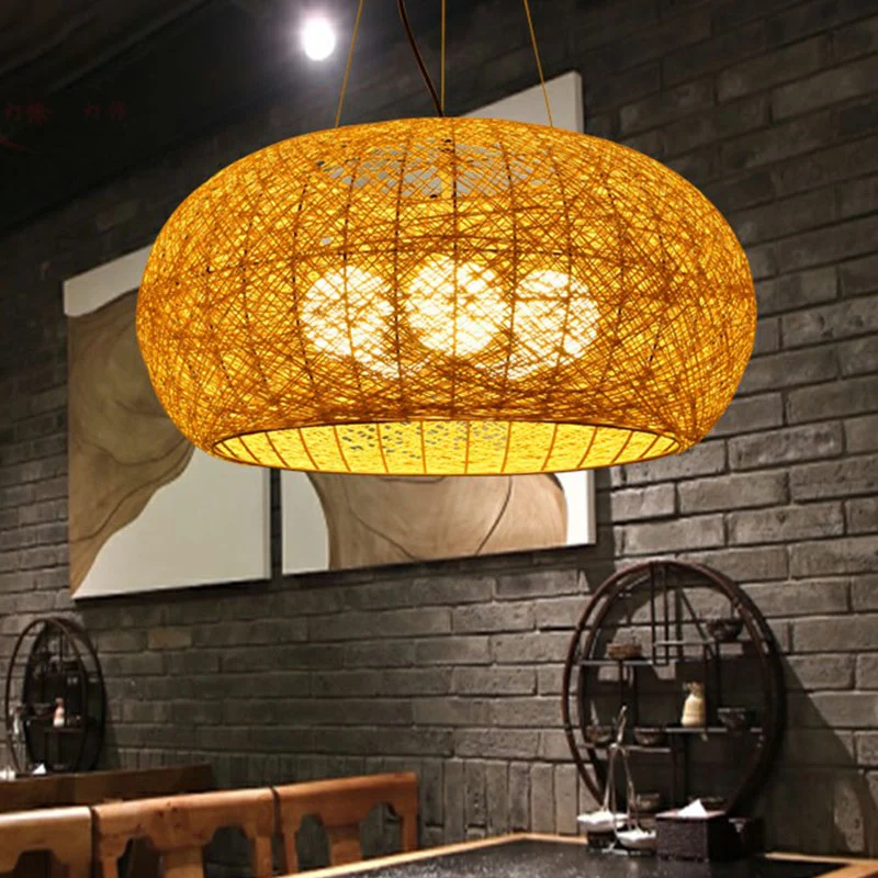 Rotan gebogen trommelplafondverlichting Zuidoost-Azië 3-kops kroonluchterlamp Clearhalo
