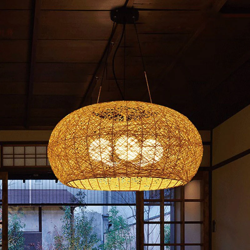 Rotan gebogen trommelplafondverlichting Zuidoost-Azië 3-kops kroonluchterlamp Clearhalo