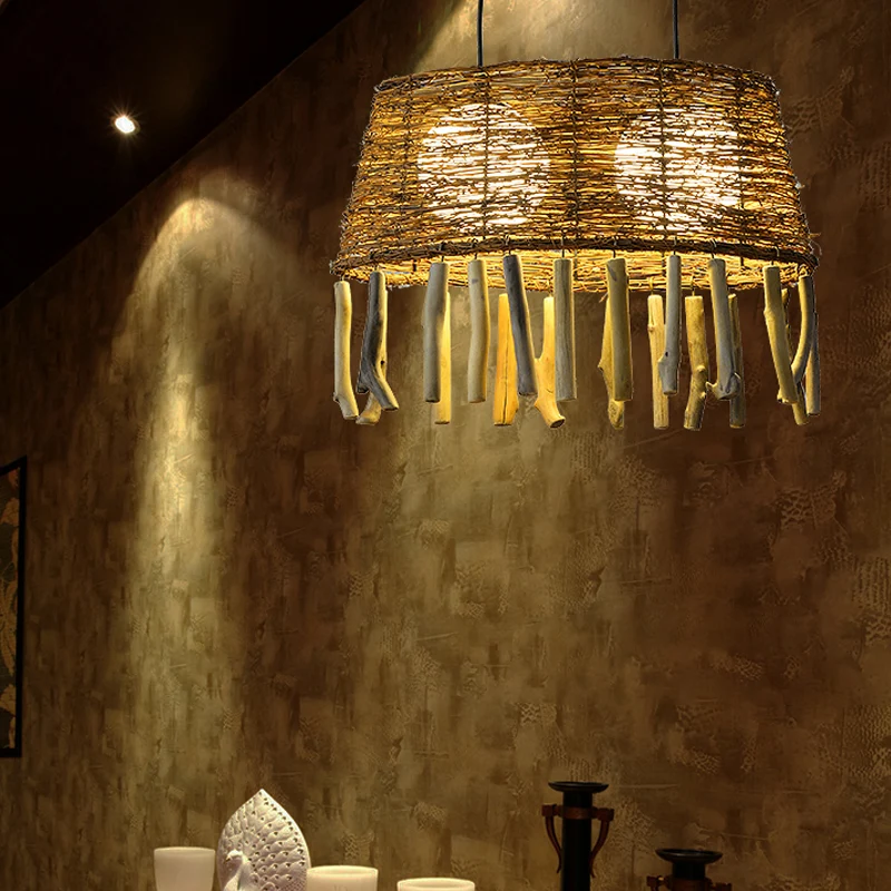 Rotan ovaal plafond hanglamp platteland 1 kop houten druppelhanger voor restaurant Clearhalo