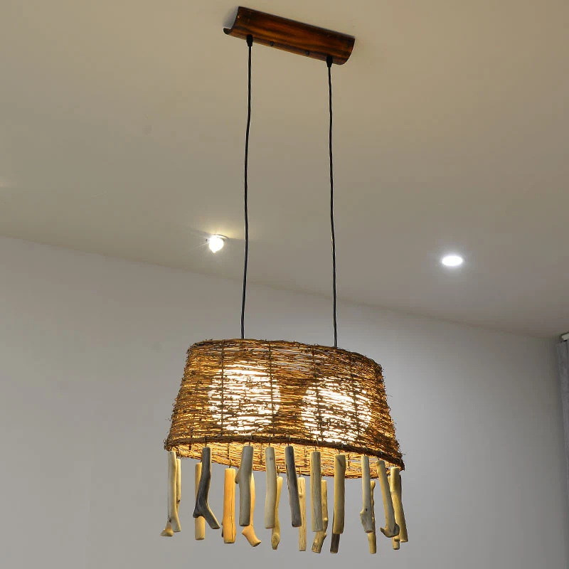 Rotan ovaal plafond hanglamp platteland 1 kop houten druppelhanger voor restaurant Clearhalo