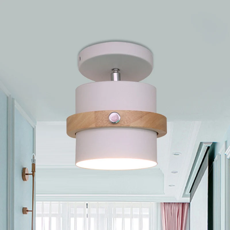 Roterende Mini Barrel Corridor Semi Flush Iron 1 Lamp Macaron Plafondlamp grijs/groen/wit met houten ringband Clearhalo