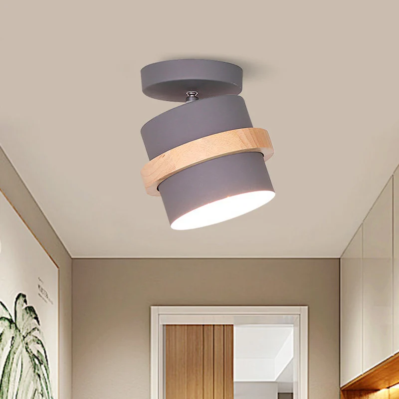 Roterende Mini Barrel Corridor Semi Flush Iron 1 Lamp Macaron Plafondlamp grijs/groen/wit met houten ringband Clearhalo