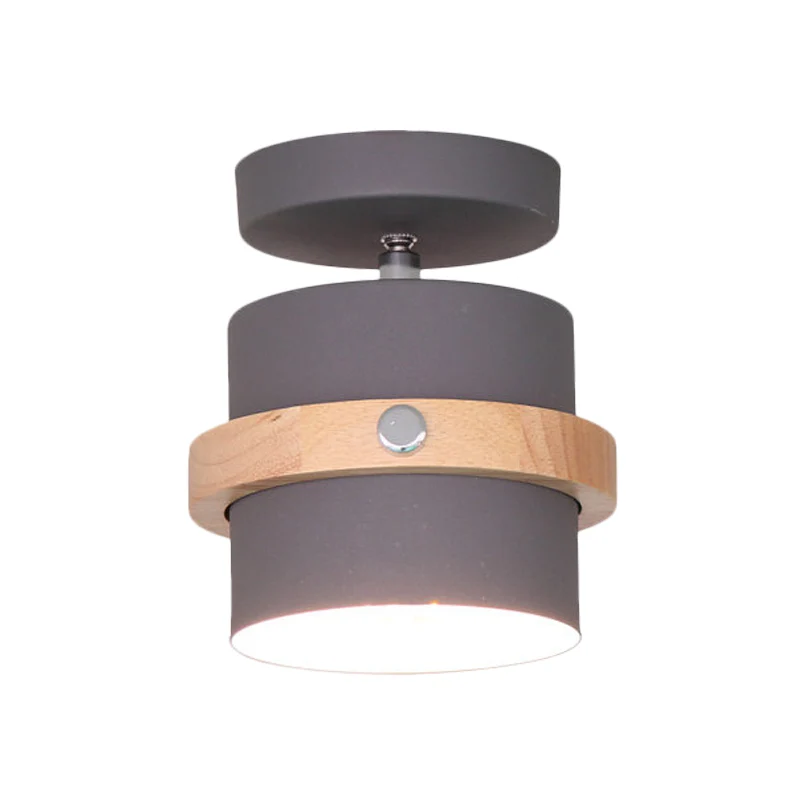 Roterende Mini Barrel Corridor Semi Flush Iron 1 Lamp Macaron Plafondlamp grijs/groen/wit met houten ringband Clearhalo