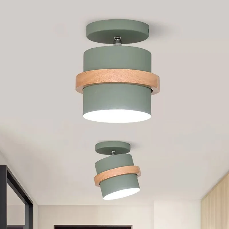 Roterende Mini Barrel Corridor Semi Flush Iron 1 Lamp Macaron Plafondlamp grijs/groen/wit met houten ringband Clearhalo