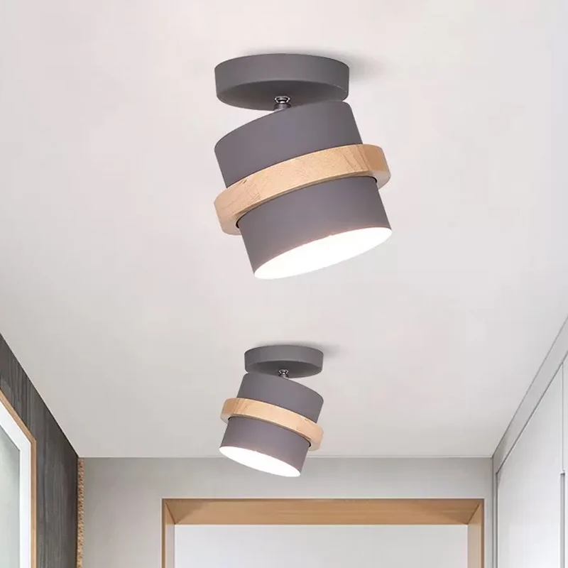 Roterende Mini Barrel Corridor Semi Flush Iron 1 Lamp Macaron Plafondlamp grijs/groen/wit met houten ringband Clearhalo
