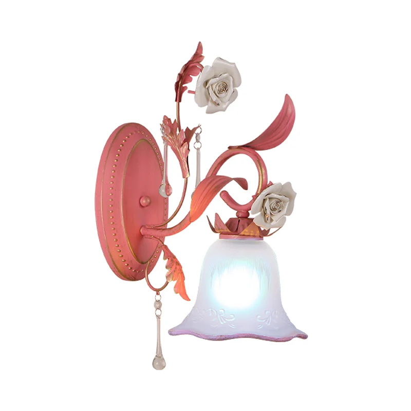 Roze 1/2-lichts wandkandelaar Countryside matglazen Bellflower-wandlamp met kristallen accent, naar boven/beneden Clearhalo