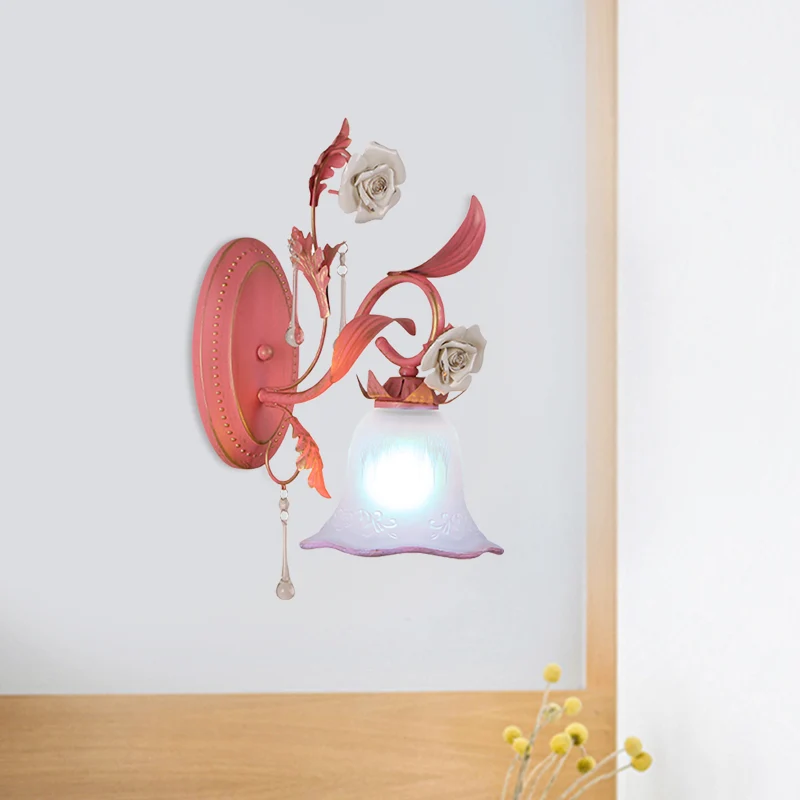 Roze 1/2-lichts wandkandelaar Countryside matglazen Bellflower-wandlamp met kristallen accent, naar boven/beneden Clearhalo