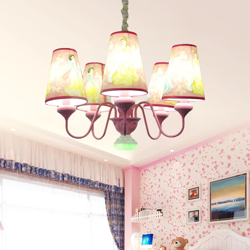 Roze 5-lichts hangende kroonluchter, eigentijdse stoffen hangende hanglampen voor slaapkamer Clearhalo