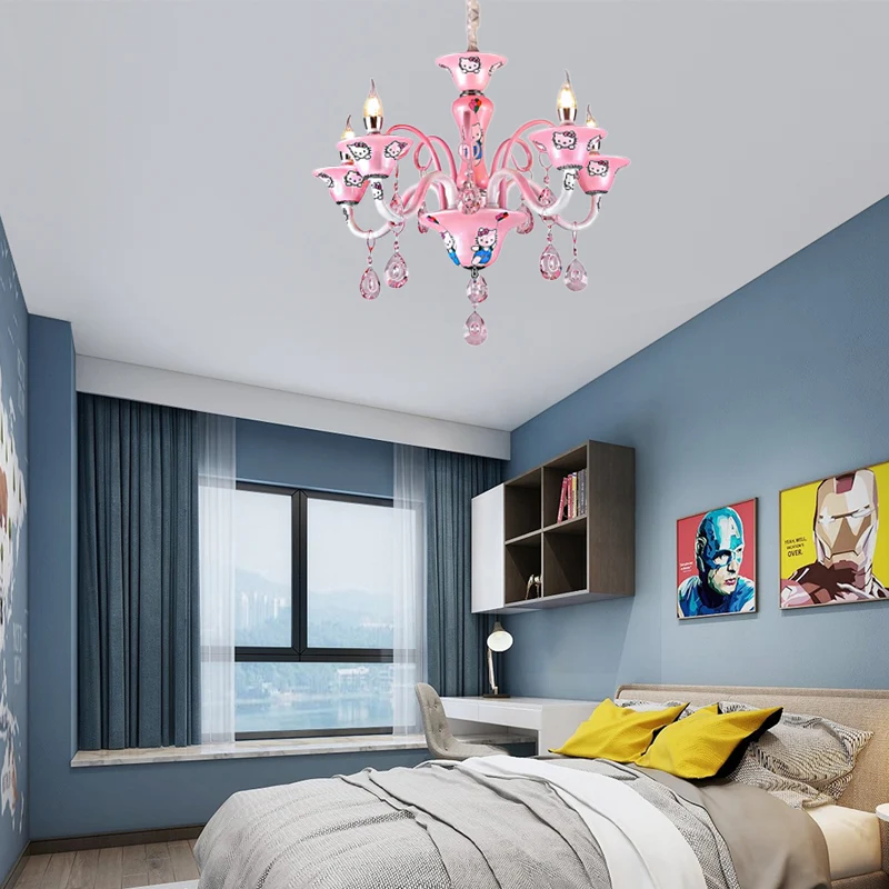 Roze bel hanglamp met kristal en kitten cartoon metalen hanglamp voor meisjesslaapkamer Clearhalo