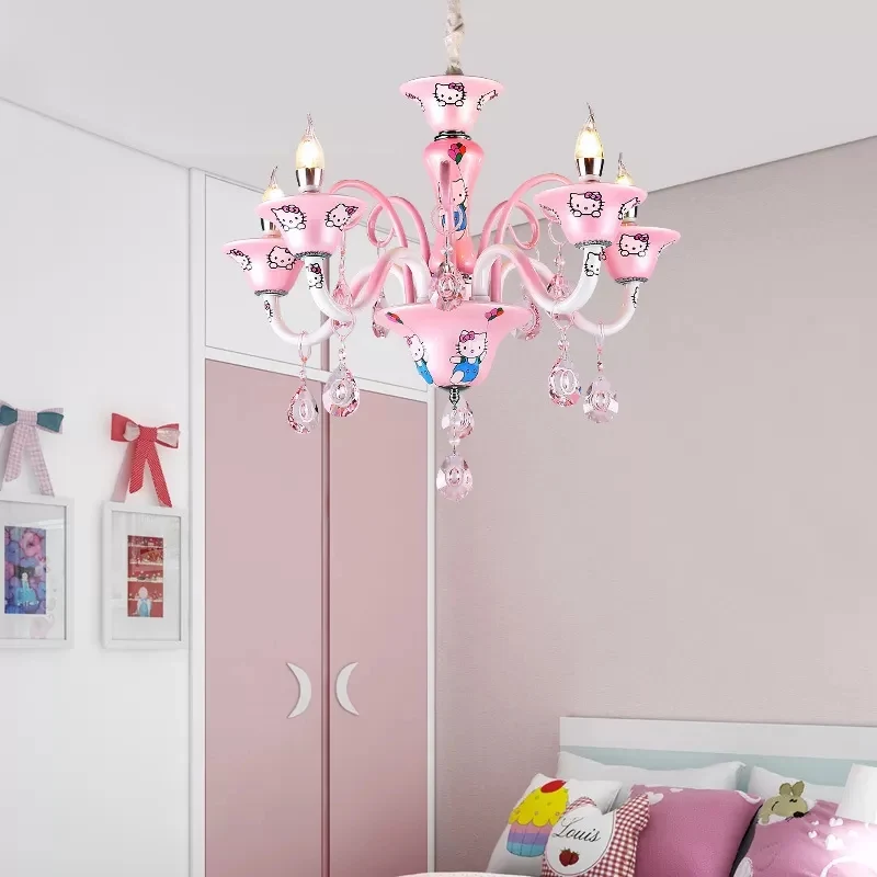 Roze bel hanglamp met kristal en kitten cartoon metalen hanglamp voor meisjesslaapkamer Clearhalo