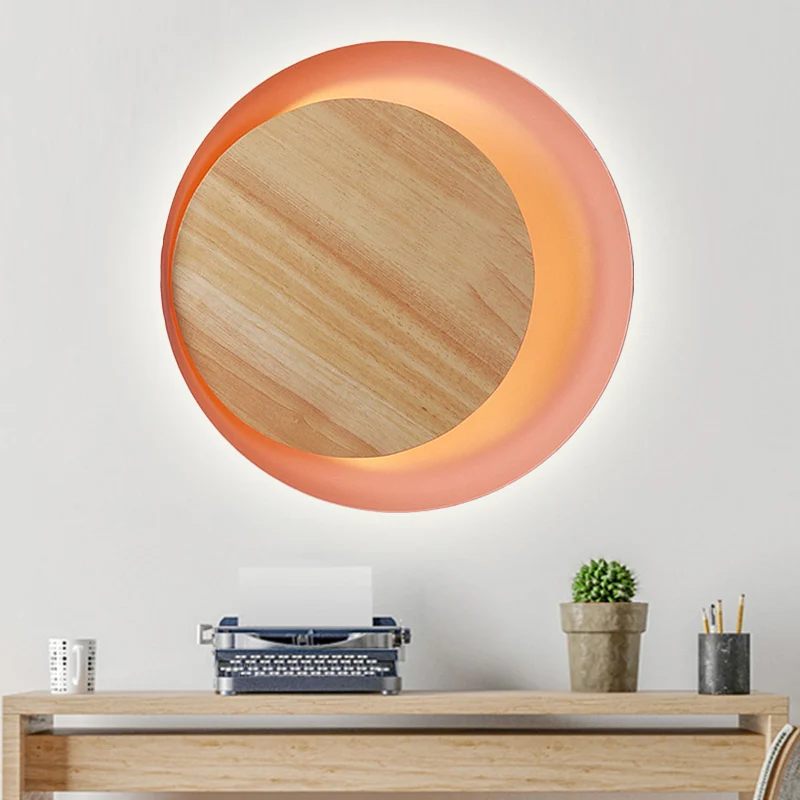 Roze Eclipse View wandlamp Macaron Loft houten LED-wandlamp voor trapbadkamer Clearhalo
