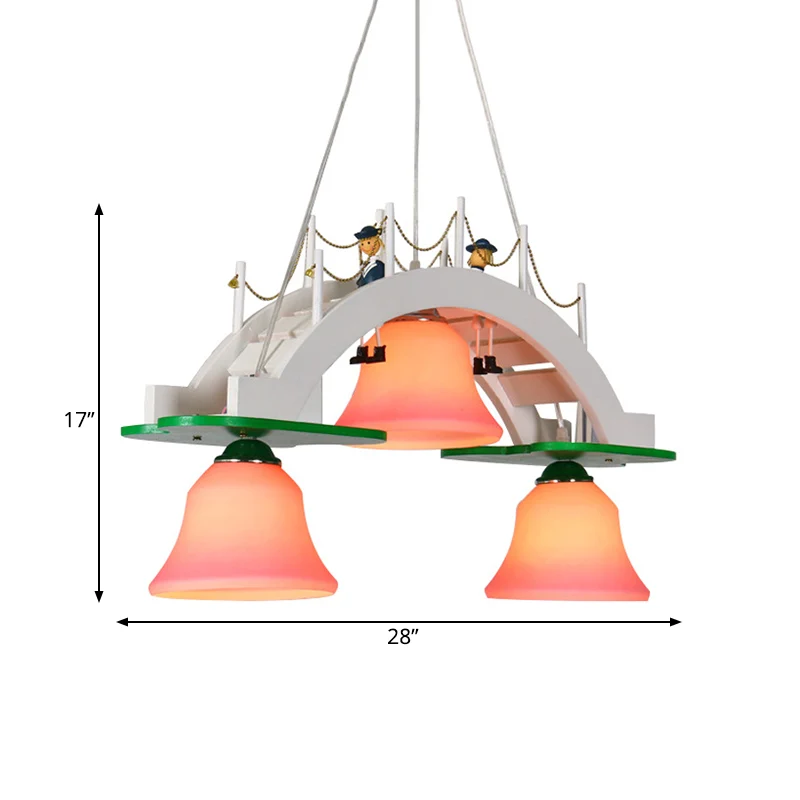 Roze glazen belkroonluchter voor kinderen, 3-lichts hanglamp met houten brugontwerp Clearhalo