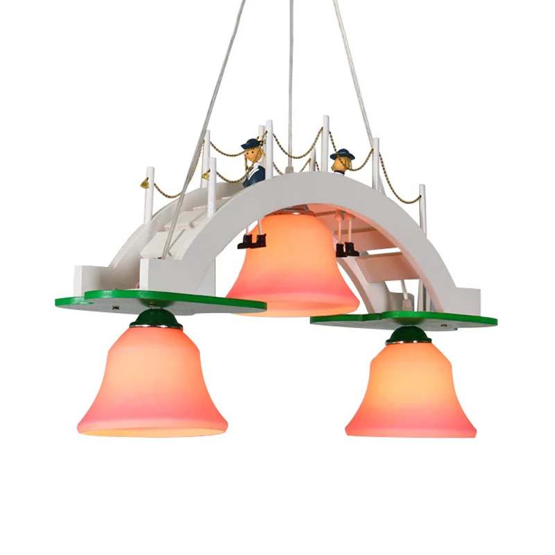 Roze glazen belkroonluchter voor kinderen, 3-lichts hanglamp met houten brugontwerp Clearhalo