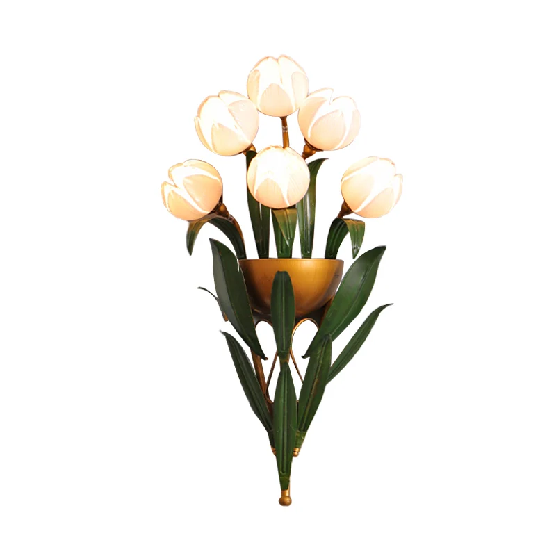 Roze glazen messing schanslamp Lotus 6-lichts traditionele wandgemonteerde verlichting voor slaapkamer Clearhalo
