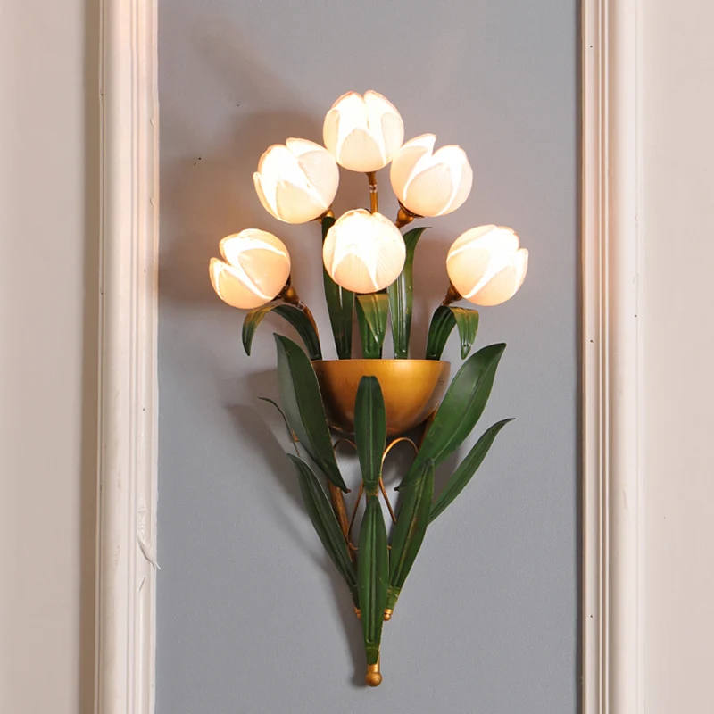 Roze glazen messing schanslamp Lotus 6-lichts traditionele wandgemonteerde verlichting voor slaapkamer Clearhalo