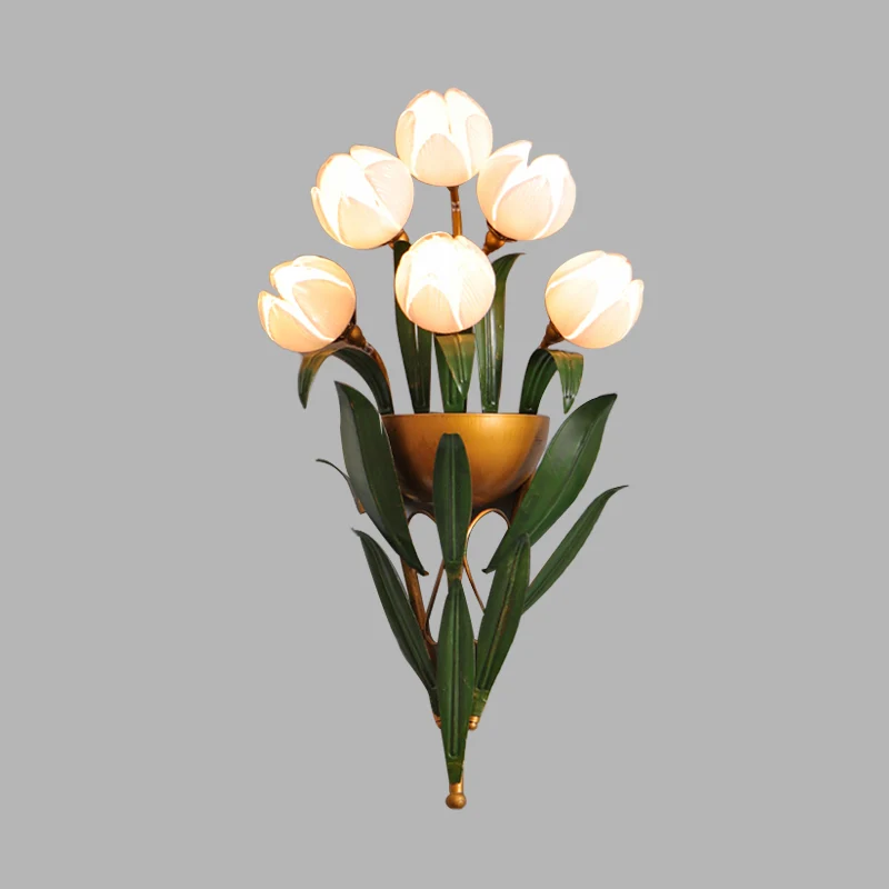 Roze glazen messing schanslamp Lotus 6-lichts traditionele wandgemonteerde verlichting voor slaapkamer Clearhalo