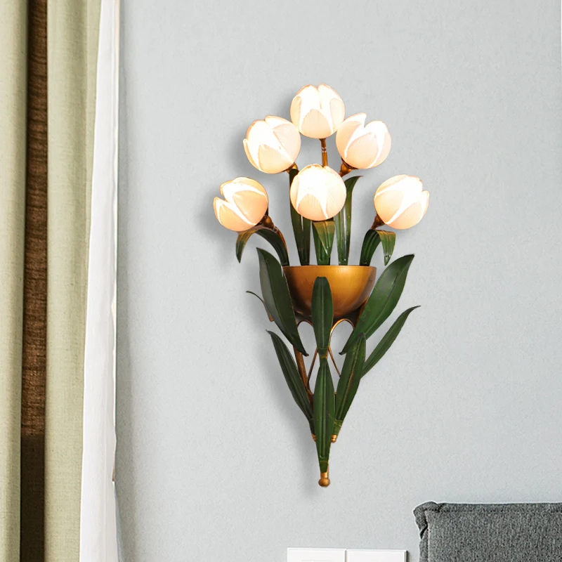Roze glazen messing schanslamp Lotus 6-lichts traditionele wandgemonteerde verlichting voor slaapkamer Clearhalo