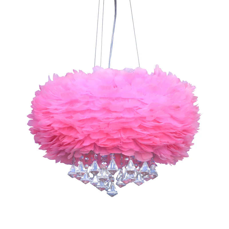 Roze koepel hanglamp hedendaagse 3-lichts veren kroonluchterlamp met kristallen drapering Clearhalo
