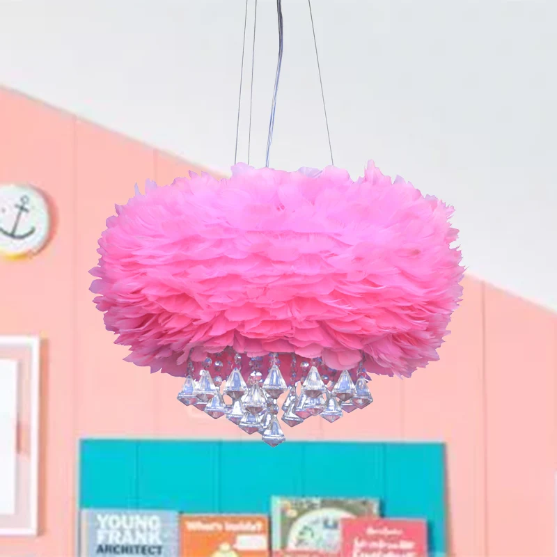 Roze koepel hanglamp hedendaagse 3-lichts veren kroonluchterlamp met kristallen drapering Clearhalo